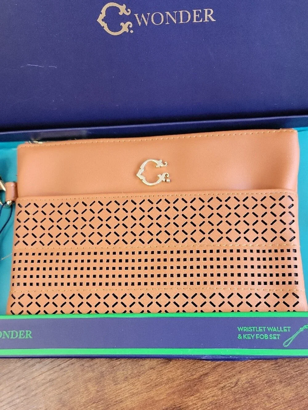 NWT C. Wonder Perforated Wristlet and Bag Charm Set In Gift Box